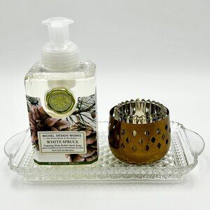 Sparkling Glass Cut Tray & Brass Candleholder W Glass Tulip Insert | 3 PIECE SET